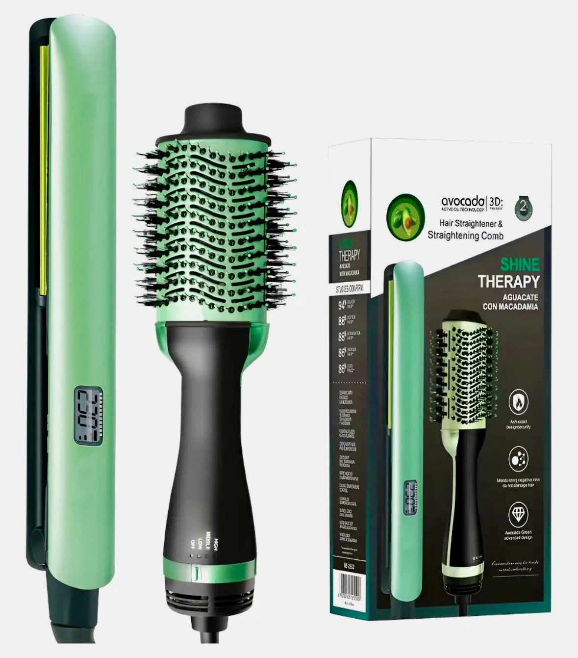 Combo Cepillo + Plancha para Cabello de Aguacate